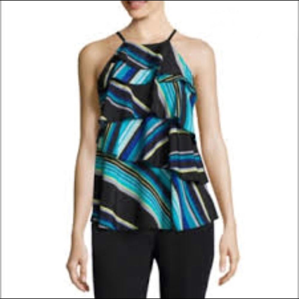 W). New York & Co Tiered Ruffed Tank Top Green Blue